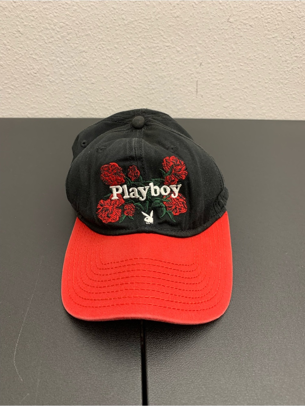 PLAYBOY Black Cap with Red Brim and Embroidered Roses